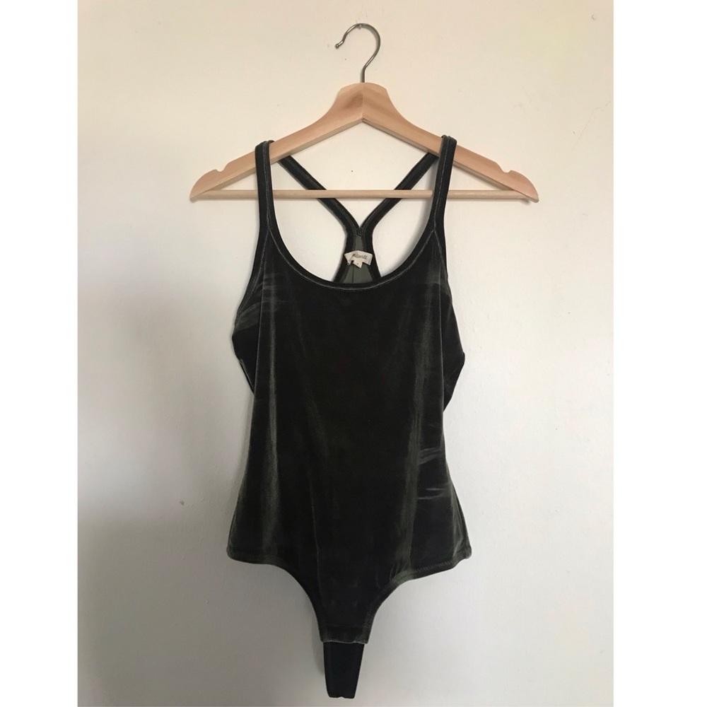 Madewell Velour Thong Bodysuit, dark olive, size S